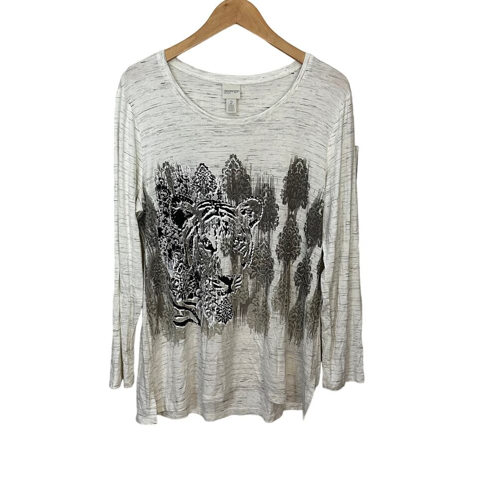 Zenergy Chicos Top Sz 2 Womens L Beige Long Sleeve Studded Tiger T Shirt Stretch